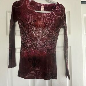 Guess Burgundy Long Sleeve Top with Studded Design